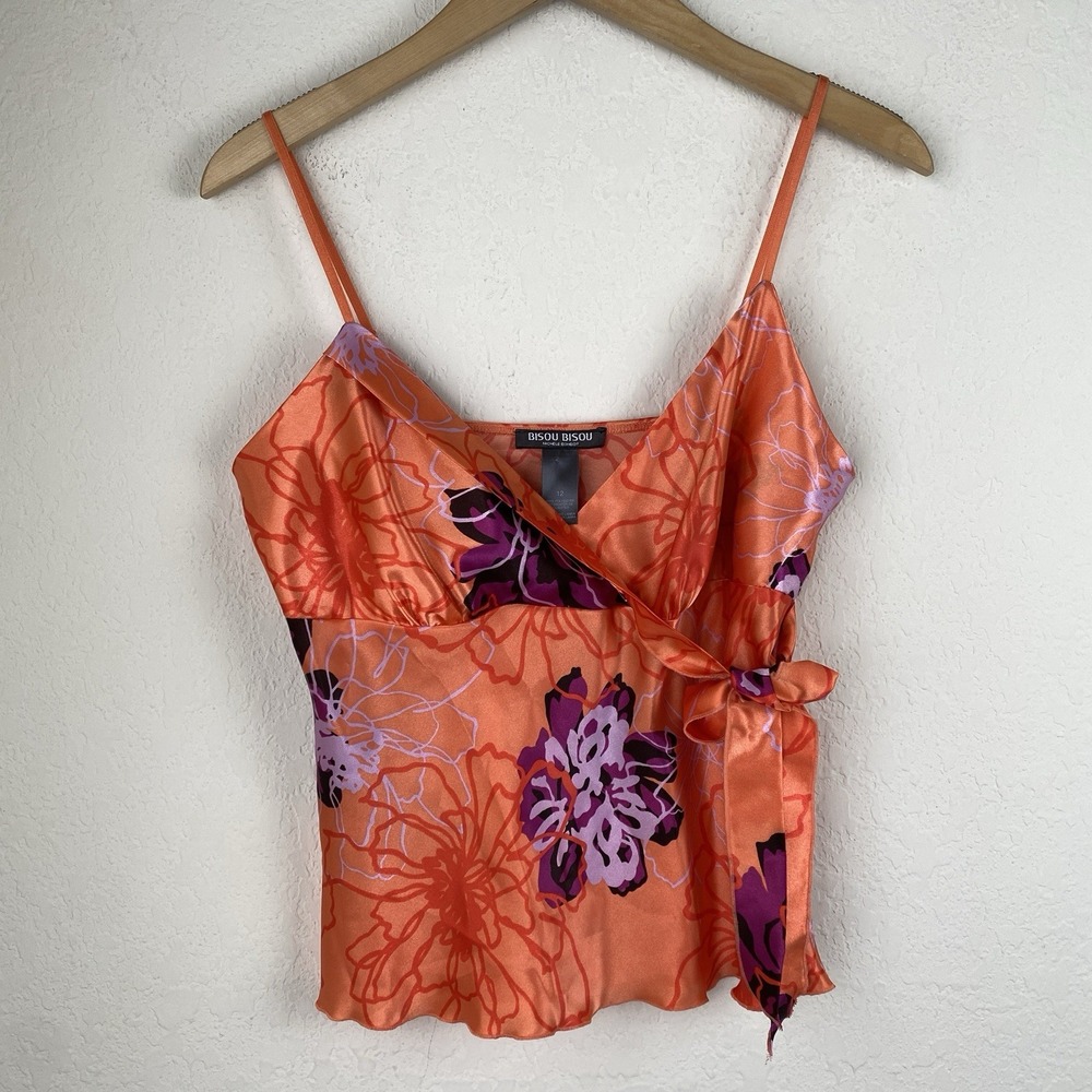 Bisou Bisou Size 12 L Babydoll Cami Top Satin Floral Ruffle Y2k Asian Oriental
